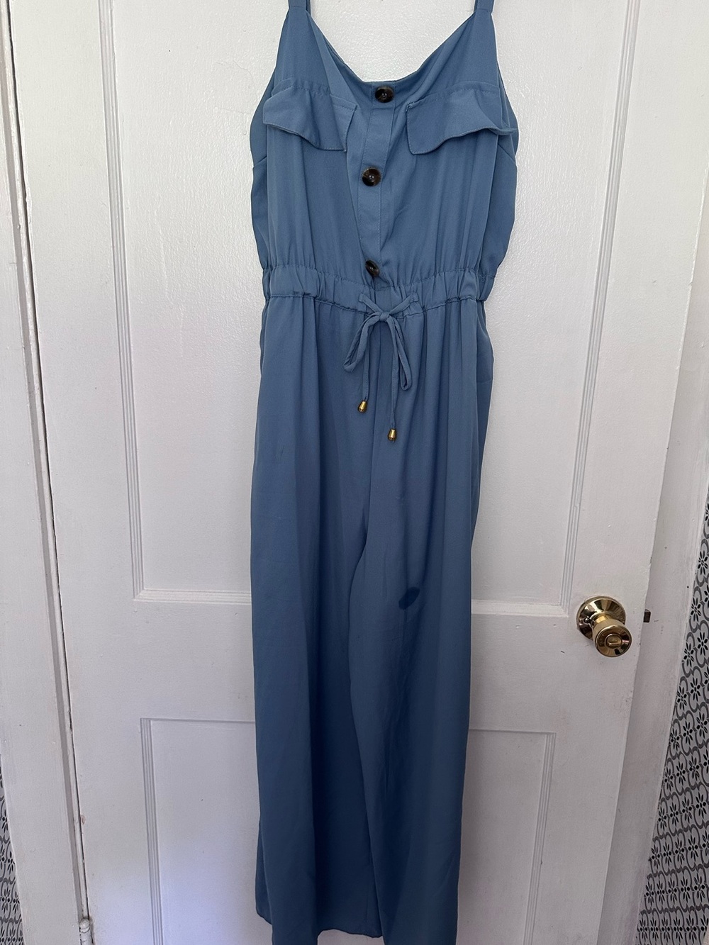 Blue Sleeveless Wide-Leg Jumpsuit with Drawstring Waist